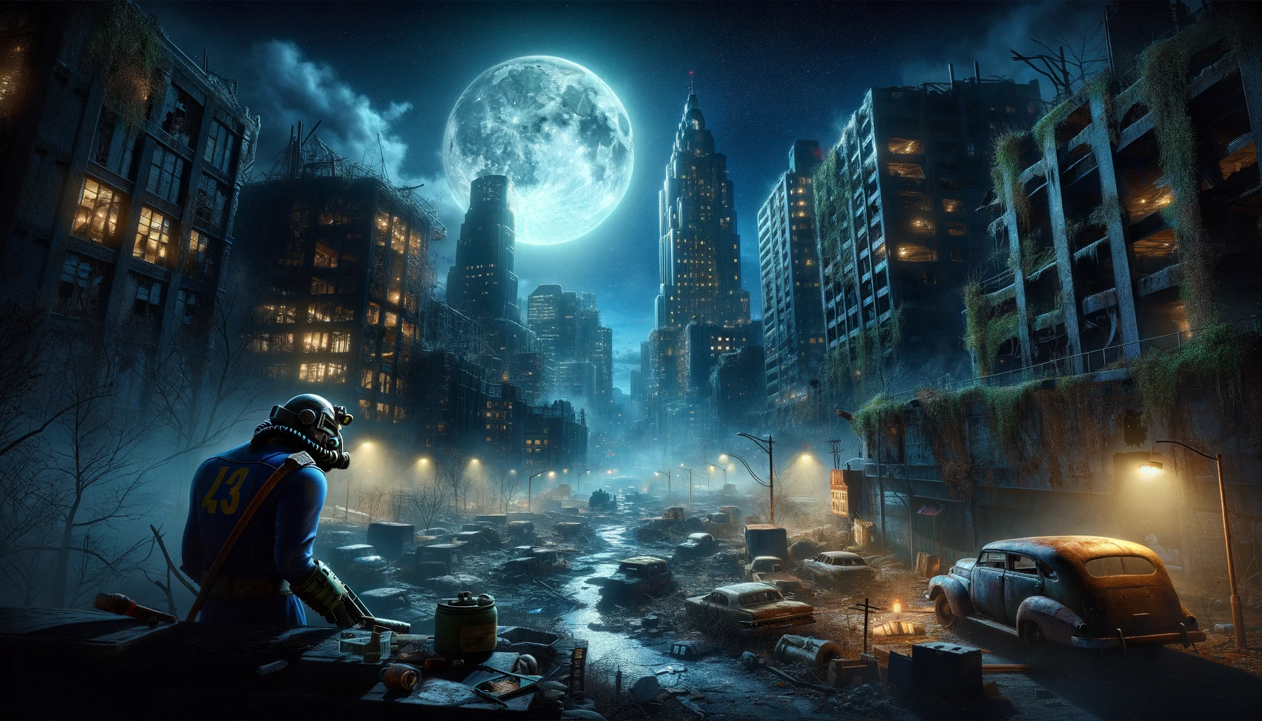 DALL·E 2024-03-18 22.44.30 - A night-time post-apocalyptic scene reminiscent of the Fallout game series, showcasing a dilapidated urban landscape under the glow of a moonlit sky. .webp